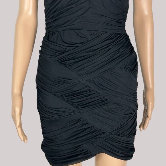 Halston Heritage Black Bodycon Ruched Mock Wrap Black Cocktail Dress (M) - Picture 4 of 16